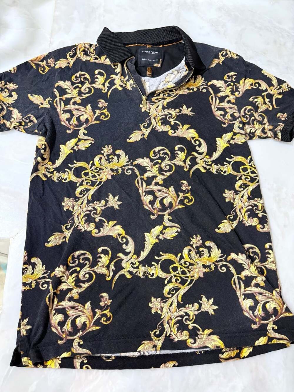 Denim & Flower Ricky Singh Barocco Print Zip Polo Size M